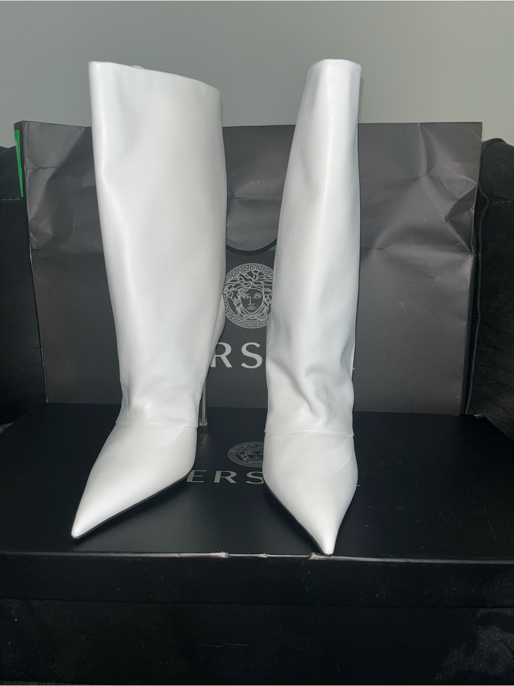 Versace White Pointed Toe Over-the-Knee Leather Boots
